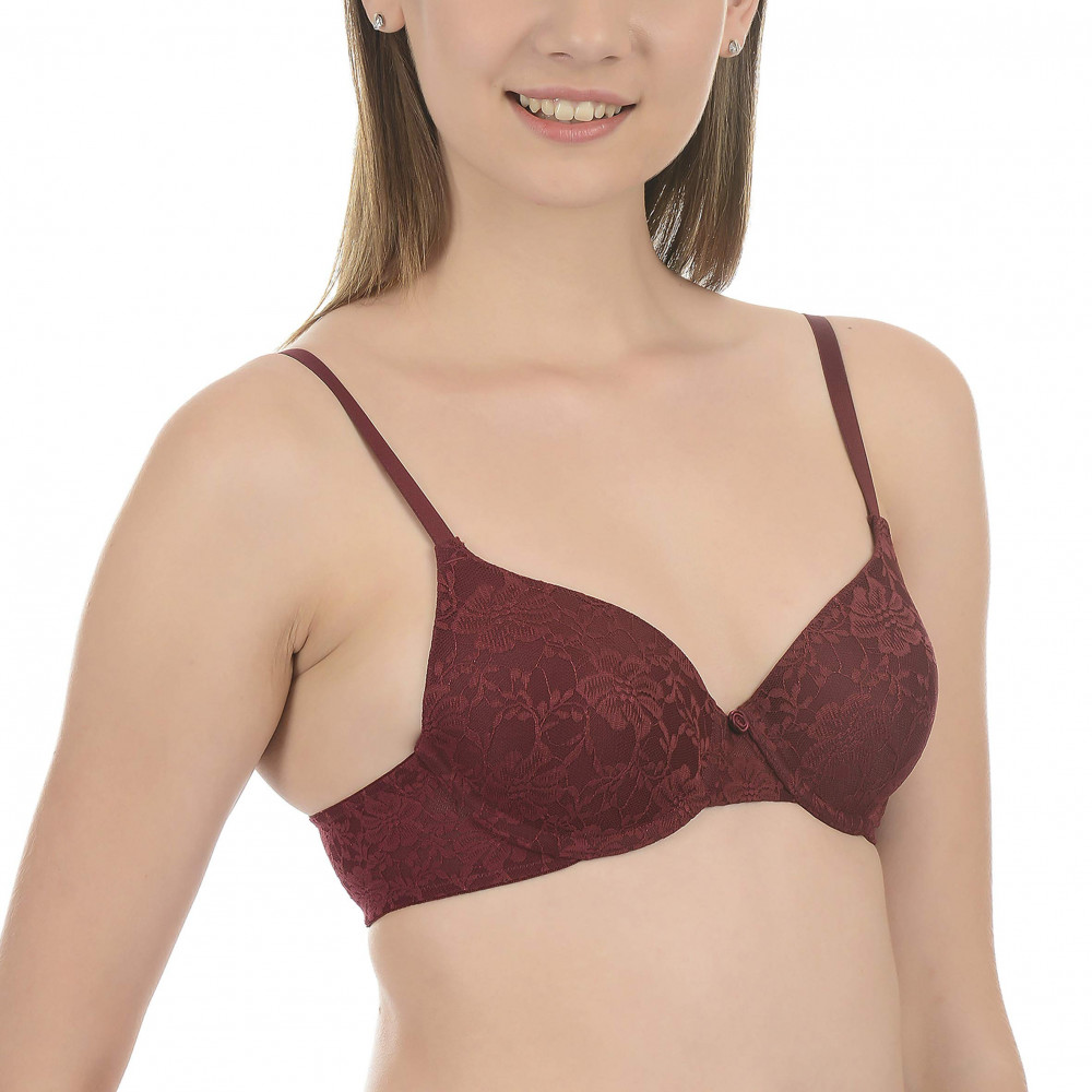 Buy Women's Wirefree Padded Super Combed Cotton Elastane Stretch Medium  Coverage Lace Styling T-Shirt Bra with Adjustable Straps - Mocha 1723
