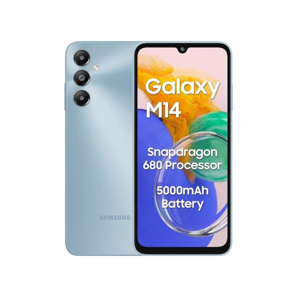 Samsung Galaxy M14 4G Arctic Blue4GB64GB  50MP Triple Cam  5000mAh Battery  Snapdragon 680 Processor  2 Gen OS Upgrade  4 Year Security Update  8GB RAM with RAM Plus  Without Charger