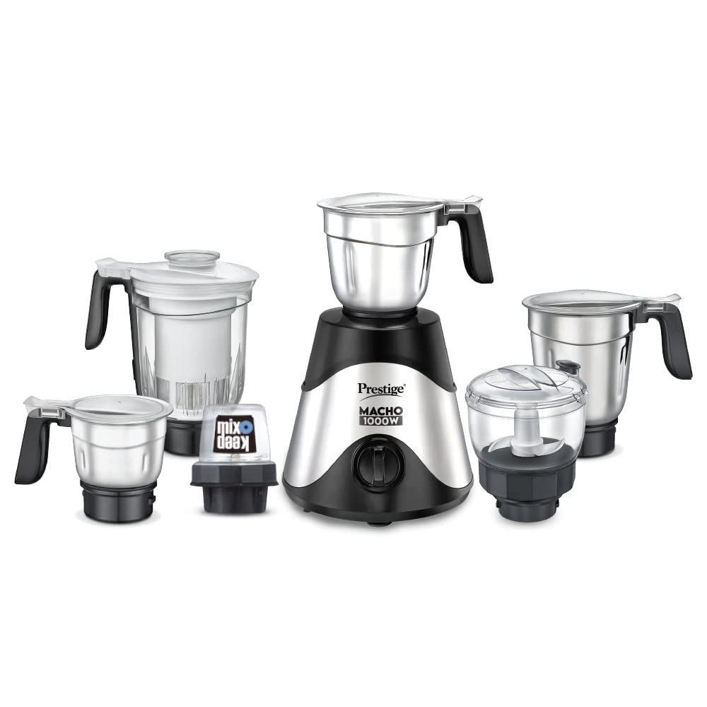 Prestige Macho 1000W Mixer Grinder with Accessories- Stainless Steel Jar-3U Multi Utility Jar-1U MIX-O-KEEP Jar-1U and Juicer Jar-1U Black  Silver