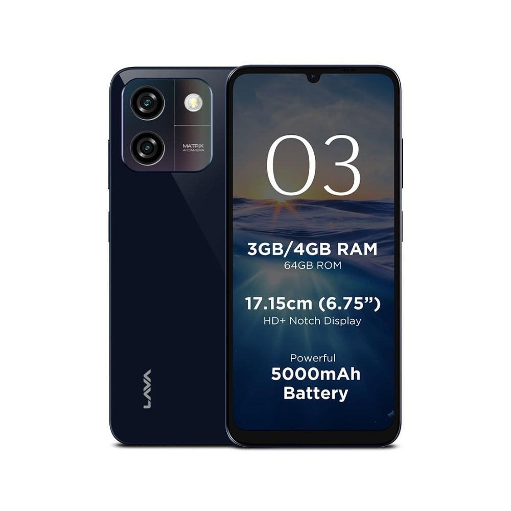 Lava O3 Glossy Blue 3 GB RAM 64 GB Storage  Biggest 675 HD Display  13MP AI Dual Rear Camera  5000 mAh Battery  Secure Face Unlock  Fingerprint Reader  Charger  Phone-Cover in Box
