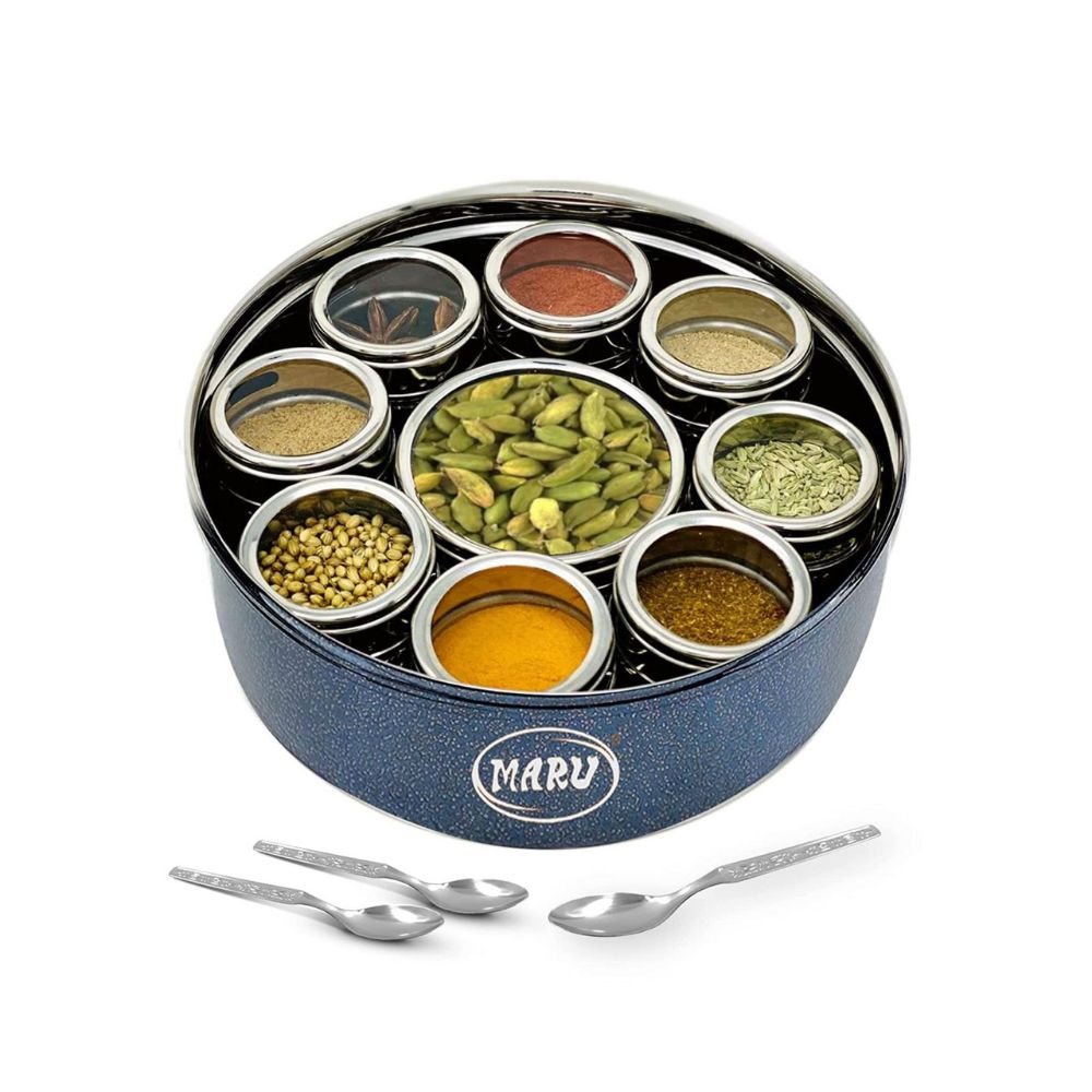MARU Colored 9 In 1 Spice Box Stainless Steel Extra Large, Masala Dabba Steel Masala Box (Size 13 Large 22.5Cms)Dark Blue