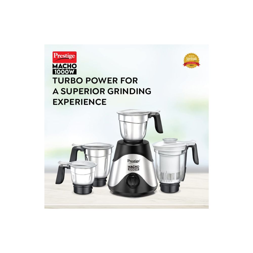 Prestige Macho 1000 W Mixer Grinder 4 Jars 1500 ml 1300 ml 1500 ml 600 ml Black Silver Pure Copper Motor Winding