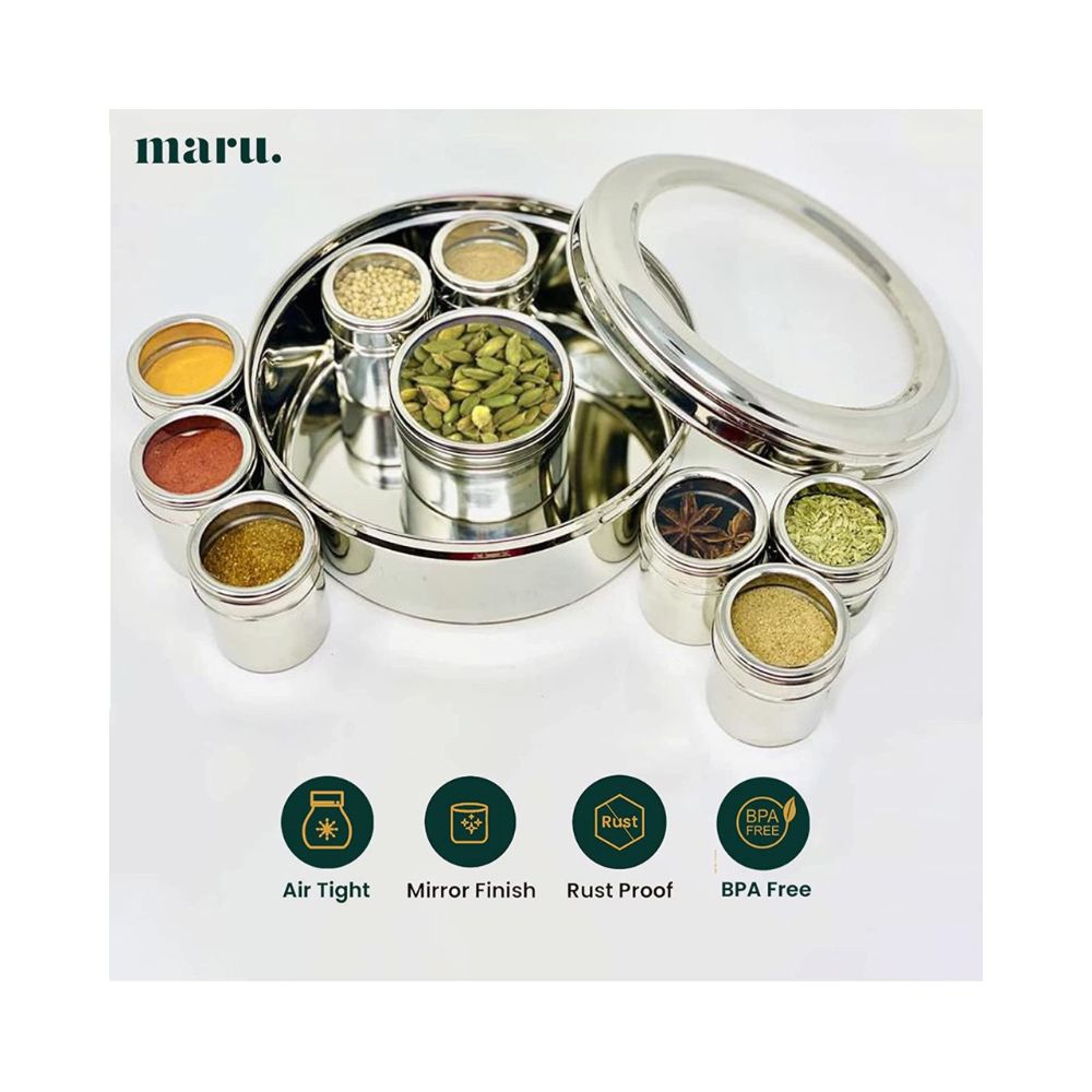 MARU 9 in 1 Spice Box Stainless Steel stylish Extra Large Masala Box 3 Spoons(22.5cms) Silver