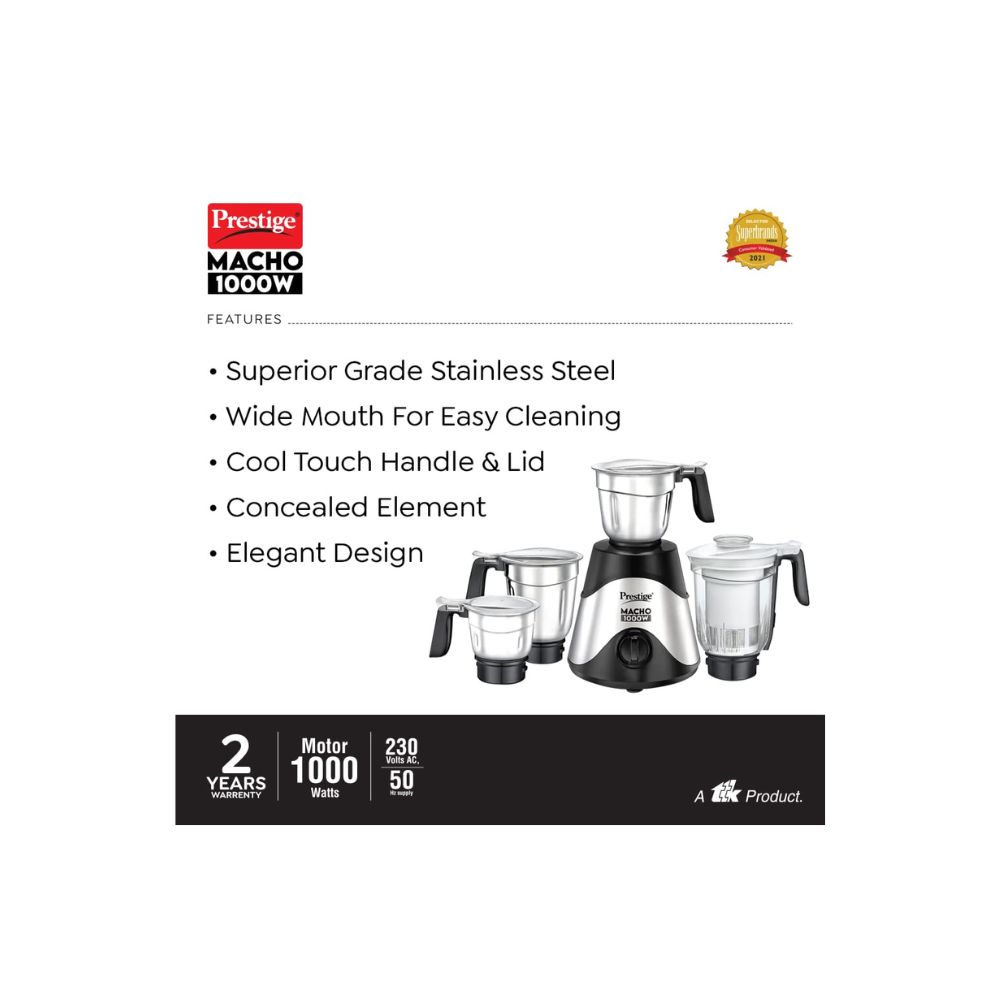 Prestige Macho 1000 W Mixer Grinder 4 Jars 1500 ml 1300 ml 1500 ml 600 ml Black Silver Pure Copper Motor Winding