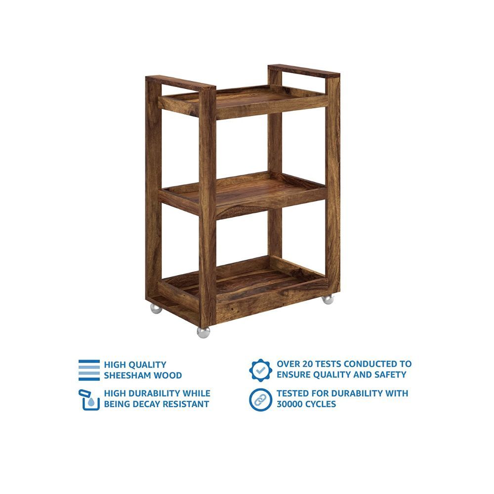 3 Tier Movable Wine Rack Bar Trolley (Sheesham Wood, Natural Finish)