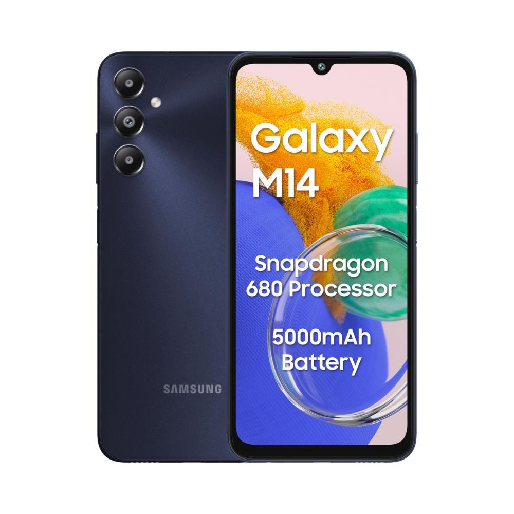 Samsung Galaxy M14 4G Sapphire Blue4GB64GB  50MP Triple Cam  5000mAh Battery  Snapdragon 680 Processor  2 Gen OS Upgrade  4 Year Security Update  8GB RAM with RAM Plus  Without Charger