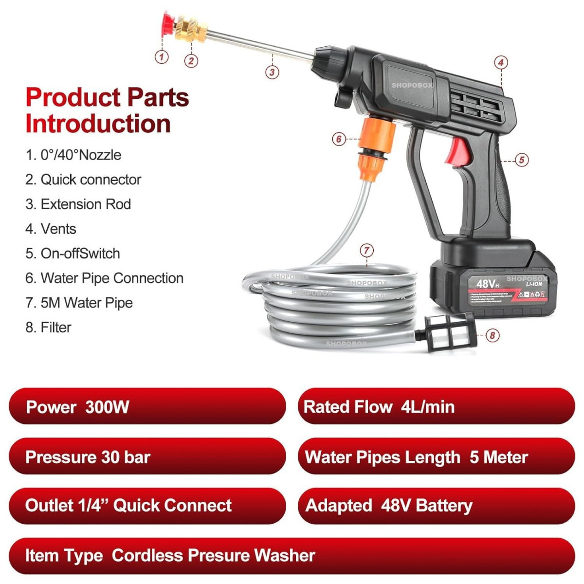 48V Portable Pressure Washer with Rechargeable Battery12000mah Cordless Pressure Washer Gun Cordless Power Washer Gun  Handheld Pressure Washer for Car Floor Cleaning Car Washer Gun Single Battery