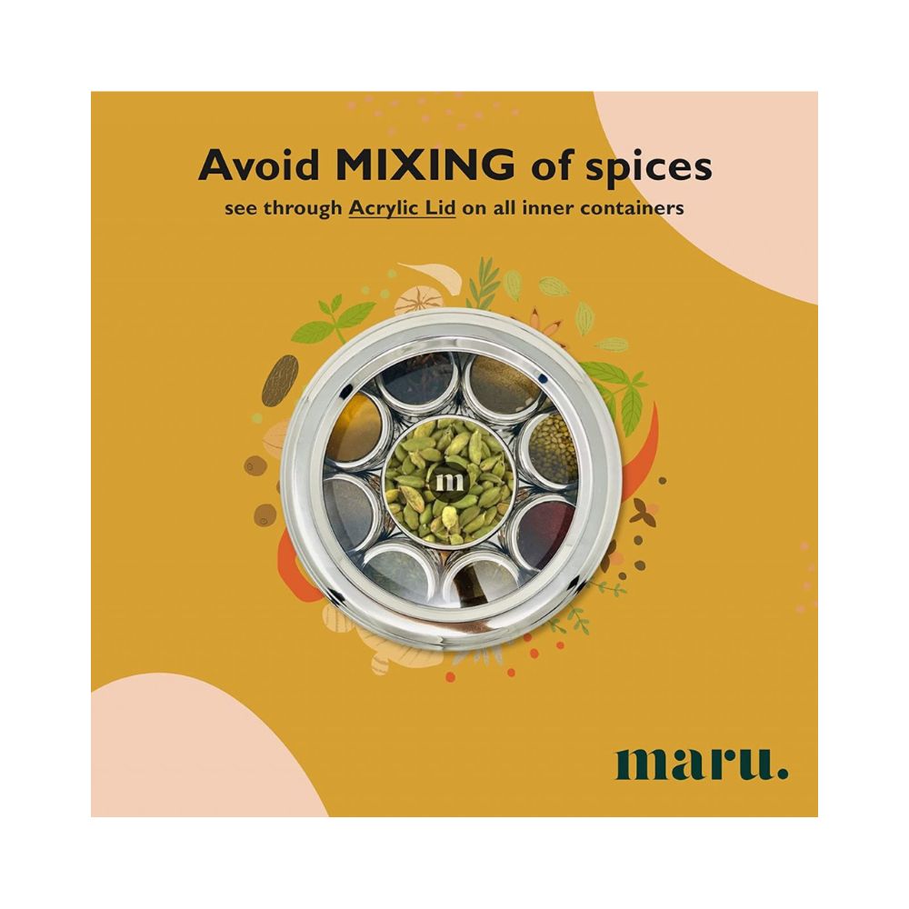 MARU 9 in 1 Spice Box Stainless Steel stylish Extra Large Masala Box 3 Spoons(22.5cms) Silver