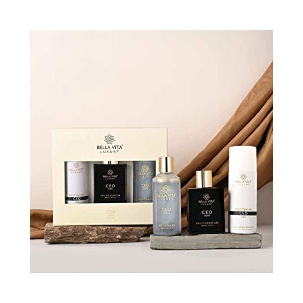 Bella Vita Organic CEO Man Gift Set With Charcoal Body Wash, 200ml For Deep Cleansing, EDP Perfume, 100ml & Deo Body Parfum, 150ml