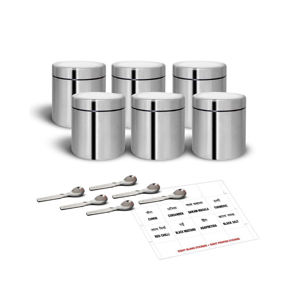 6 Stainless Steel Containers with 6 Spoons (Silver)