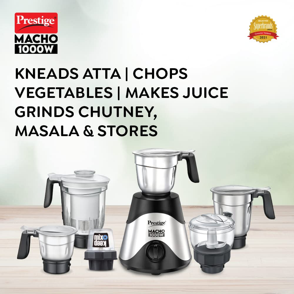 Prestige Macho 1000W Mixer Grinder with Accessories- Stainless Steel Jar-3U Multi Utility Jar-1U MIX-O-KEEP Jar-1U and Juicer Jar-1U Black  Silver