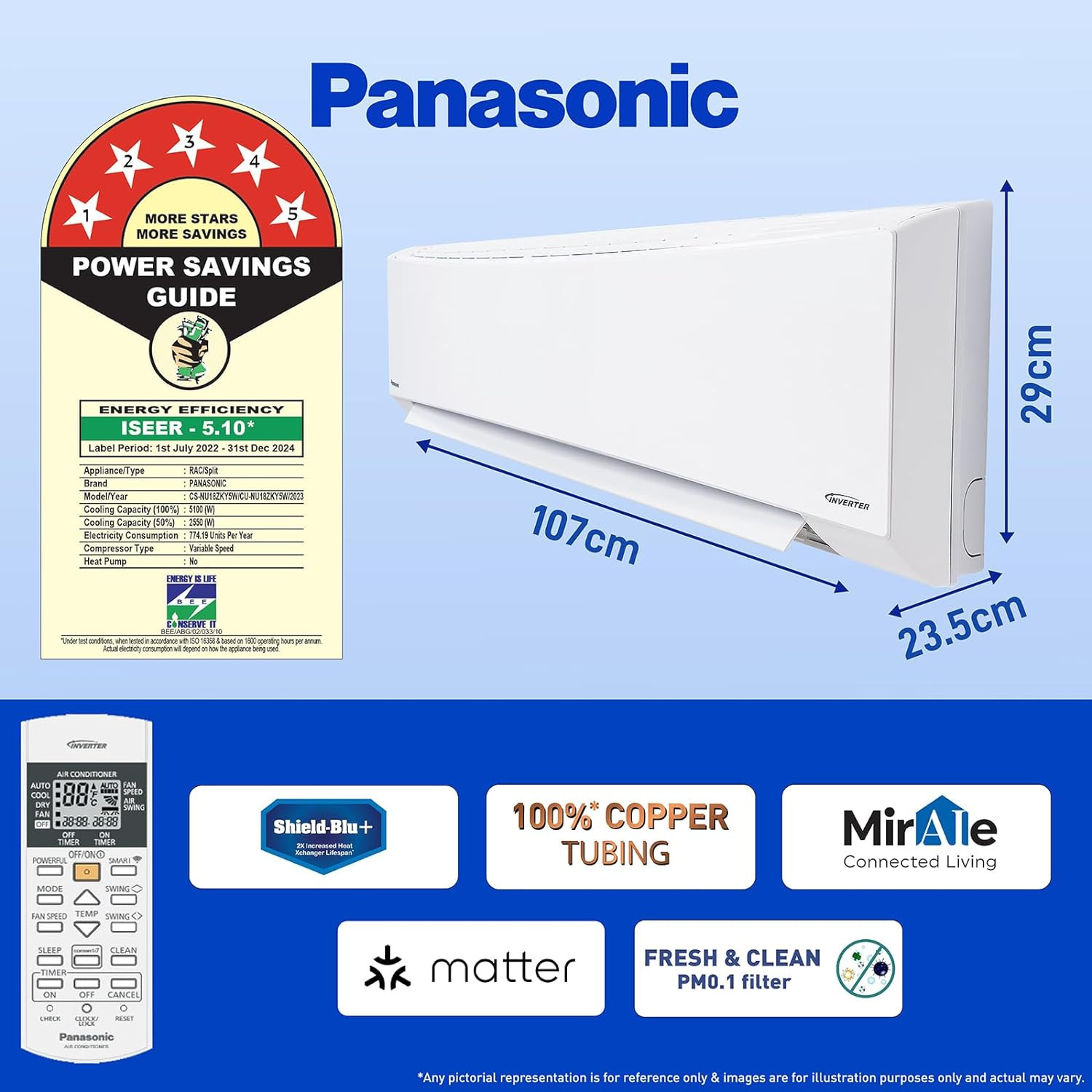 Panasonic 1.5 Ton 5 Star Wi-Fi Inverter Smart Split AC (India's 1st Matter Enabled RAC, Copper Condenser, 7in1 Convertible, True AI, 4 Way Swing, PM 0.1 Filter, CS/CU-NU18ZKY5W, 2024 Model, White)