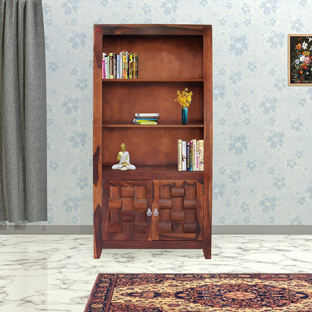 Aaram By Zebrs Bookcase 2 Door Cabinet Storage for Home Living Room Library Office Furniture Solid Wood Close Book Shelf (Finish Color - Honey Finish, Pre-assembled)