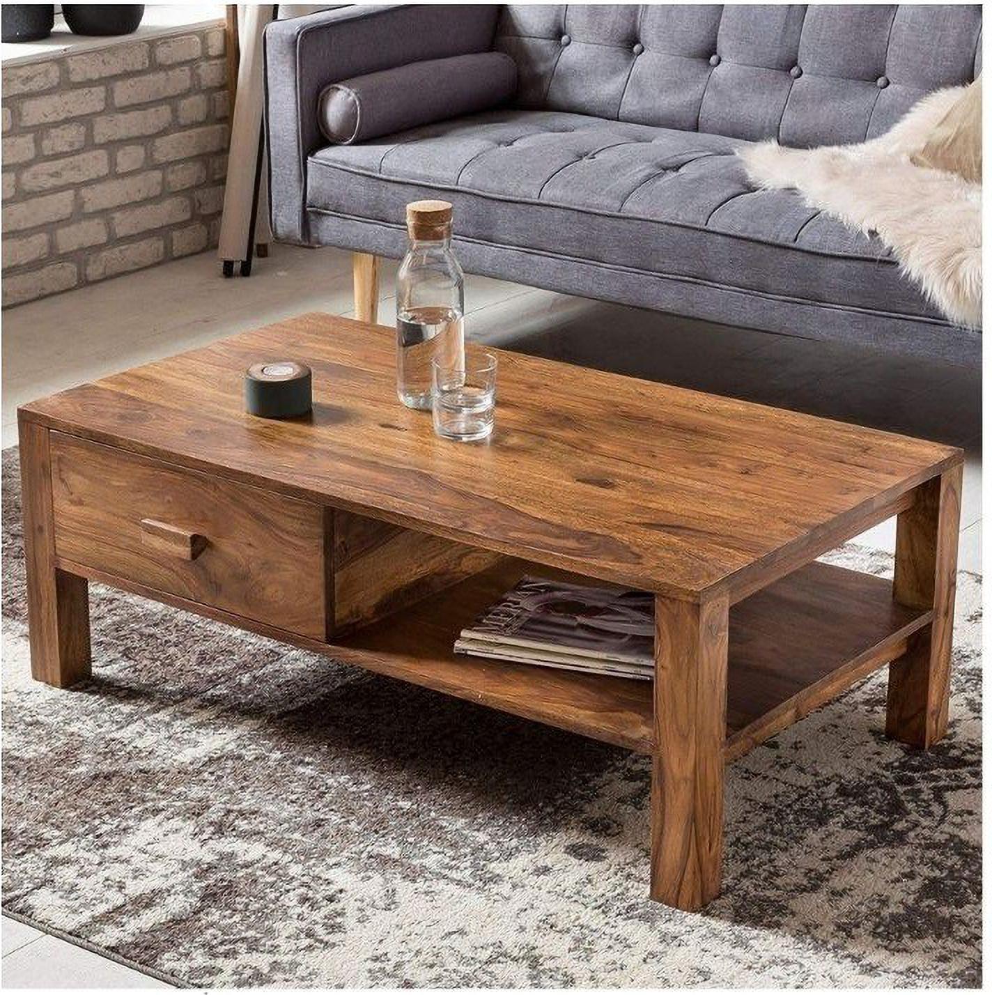 Aaram By Zebrs Center Coffee Table with Drawer & Shelf Storage for Home Living Room Solid Wood Coffee Table (Finish Color - Natural, Pre-assembled)