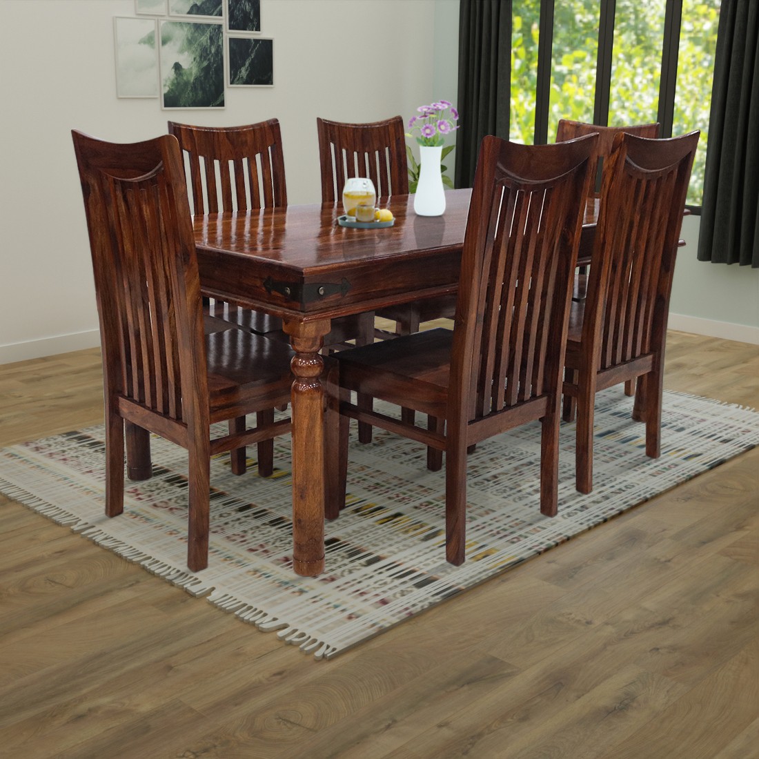 Aaram By Zebrs Sheesham Solid Wood 6 Seater Dining Set (Finish Color -Honey finish, Pre-assembled)
