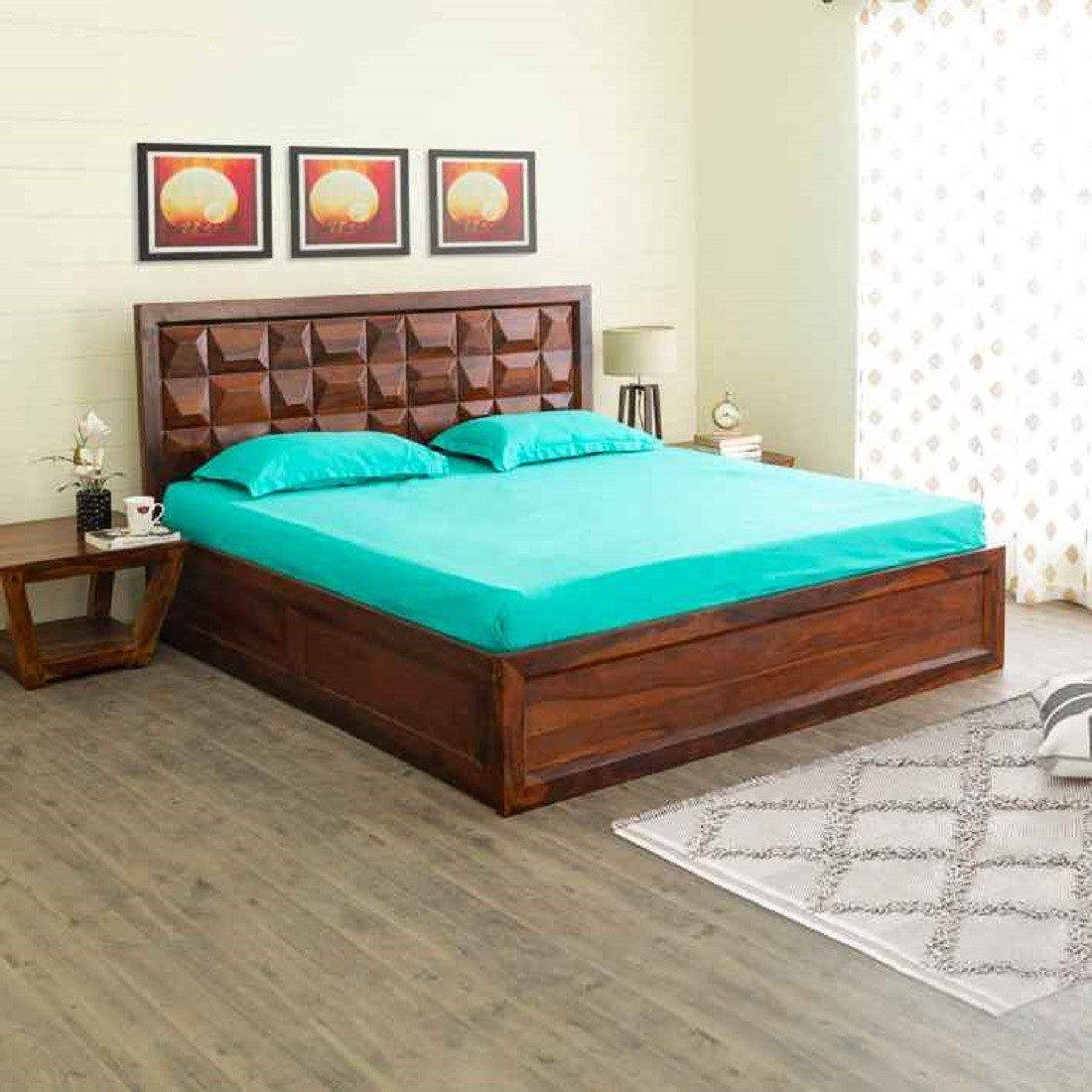 Aaram By Zebrs Solid Wood King Box Bed (Finish Color - HONEY FINISH, Delivery Condition - DIY(Do-It-Yourself))