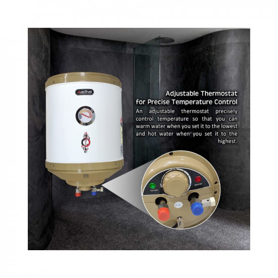 ACTIVA 25 LTR Storage 2 Kva Special Anti Rust Coating .75 MM Pure Stainless Steel Tank Geyser with Temperature Meter Abs Top Bottom Ivory with Free Installation Kit and adjustable outer thermostat 5 years warranty