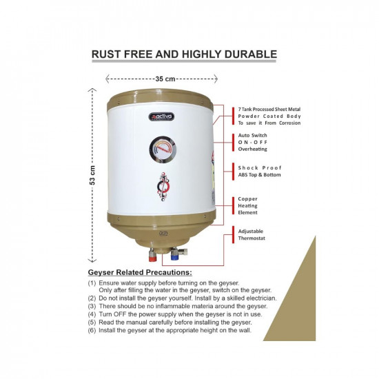ACTIVA 25 LTR Storage 2 Kva Special Anti Rust Coating .75 MM Pure Stainless Steel Tank Geyser with Temperature Meter Abs Top Bottom Ivory with Free Installation Kit and adjustable outer thermostat 5 years warranty