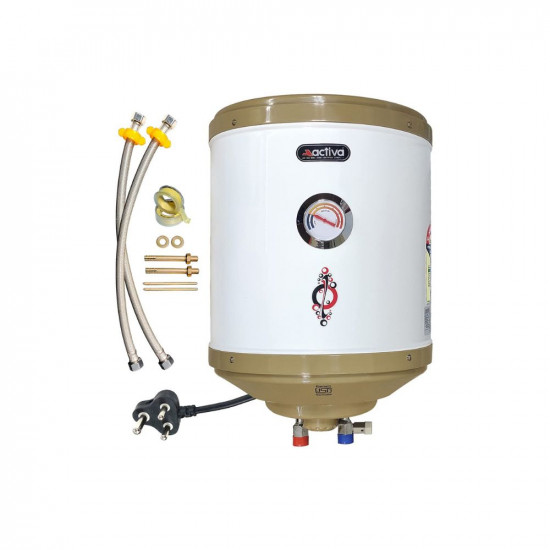 ACTIVA 25 LTR Storage 2 Kva Special Anti Rust Coating .75 MM Pure Stainless Steel Tank Geyser with Temperature Meter Abs Top Bottom Ivory with Free Installation Kit and adjustable outer thermostat 5 years warranty