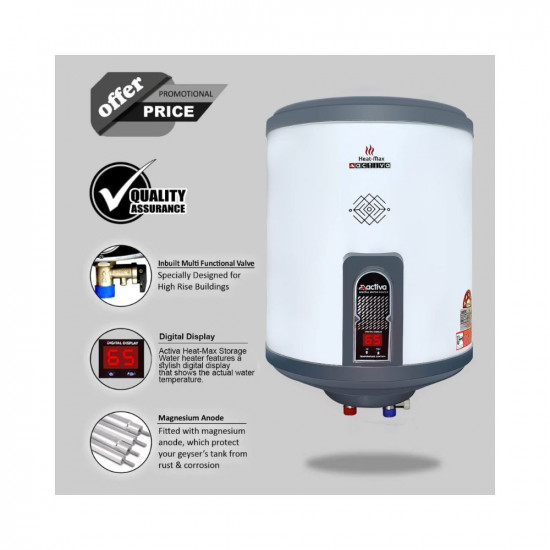 Activa 25Ltr Storage (2kva) Special Anti Rust Coated Geyser Heat-Max (0.7 MM SS Tank) With Digital Display Suitable For High Rise Buildings Comes with 5 Years Warranty (25 Ltr)