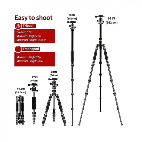 Adofys Professional special quality Aluminium alloy 65 inches/165 Centimeters Camera Travel Tripod Monopod with 360 Degree Ball Head,1/4 inch Quick Shoe Plate and Bag for DSLR Camera Video Camcorder up to 10 kilograms