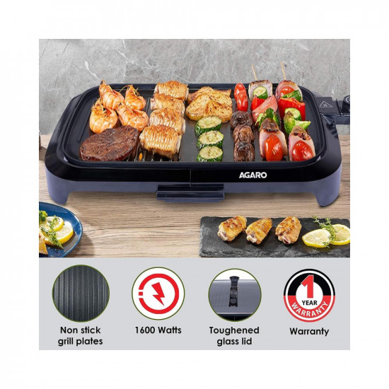 AGARO 1600 Watt Barbeque Non-Stick Electric Griller with Toughened Glass Lid BBQ Grill Black