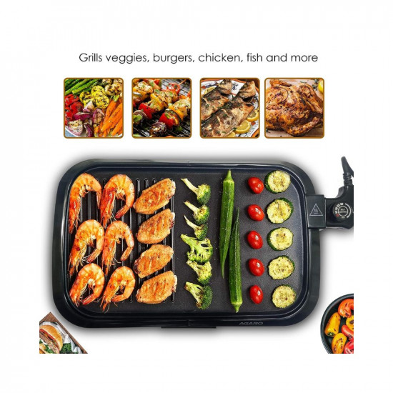 AGARO 1600 Watt Barbeque Non-Stick Electric Griller with Toughened Glass Lid BBQ Grill Black