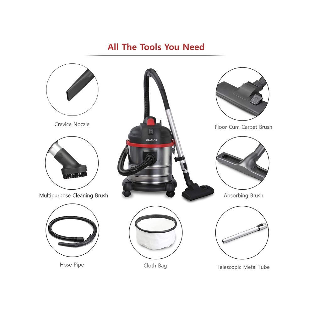 AGARO Ace 1600 Watts, 21.5 kPa Suction Power, 21 litres Wet & Dry Stainless Steel Vacuum Cleaner with Blower Function and Washable Dust Bag