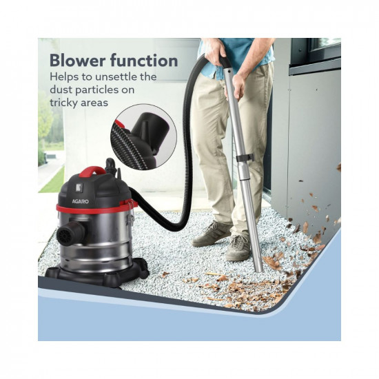 AGARO Ace Wet & Dry Vacuum Cleaner, 1600 Watts, 21.5 kPa Suction Power, 21 litres Tank Capacity, for Home Use, Blower Function, Washable 3L Dust Bag, Stainless Steel Body (Black/Red/Steel)