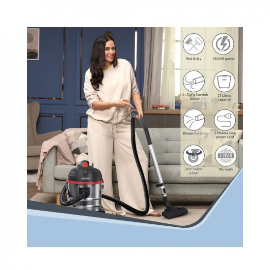 AGARO Ace Wet & Dry Vacuum Cleaner, 1600 Watts, 21.5 kPa Suction Power, 21 litres Tank Capacity, for Home Use, Blower Function, Washable 3L Dust Bag, Stainless Steel Body (Black/Red/Steel)