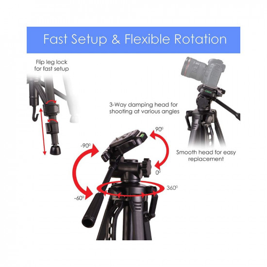 AGARO Adjustable Camera Tripod Stand with Mobile Phones Clip & Camera Holder, Supports Up to 3 Kgs, 66 inches (167 cm) Tall
