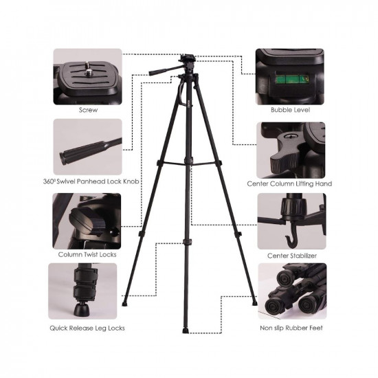 AGARO Adjustable Camera Tripod Stand with Mobile Phones Clip & Camera Holder, Supports Up to 3 Kgs, 66 inches (167 cm) Tall