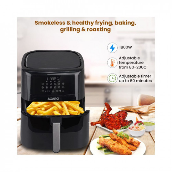 AGARO Elegant Air Fryer 65L 12 Preset Cooking Modes 360 Degrees Air Circulation With Variable Temperature Settings Stainless Steel Body 1800W Black
