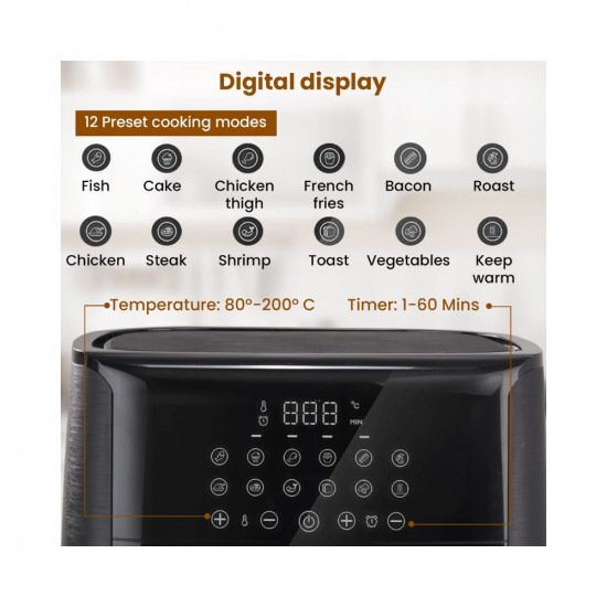 AGARO Elegant Air Fryer 65L 12 Preset Cooking Modes 360 Degrees Air Circulation With Variable Temperature Settings Stainless Steel Body 1800W Black