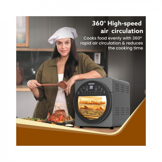 AGARO Elite Air Fryer For Home 145L Rotisserie Convection Oven 1700W Electric Oven 16 Preset Menus Digital Display Touch Control Bake Roast Toast Defrost Dehydrate Keep Warm Dark Grey