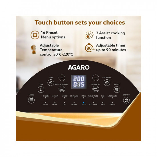 AGARO Elite Air Fryer For Home 145L Rotisserie Convection Oven 1700W Electric Oven 16 Preset Menus Digital Display Touch Control Bake Roast Toast Defrost Dehydrate Keep Warm Dark Grey