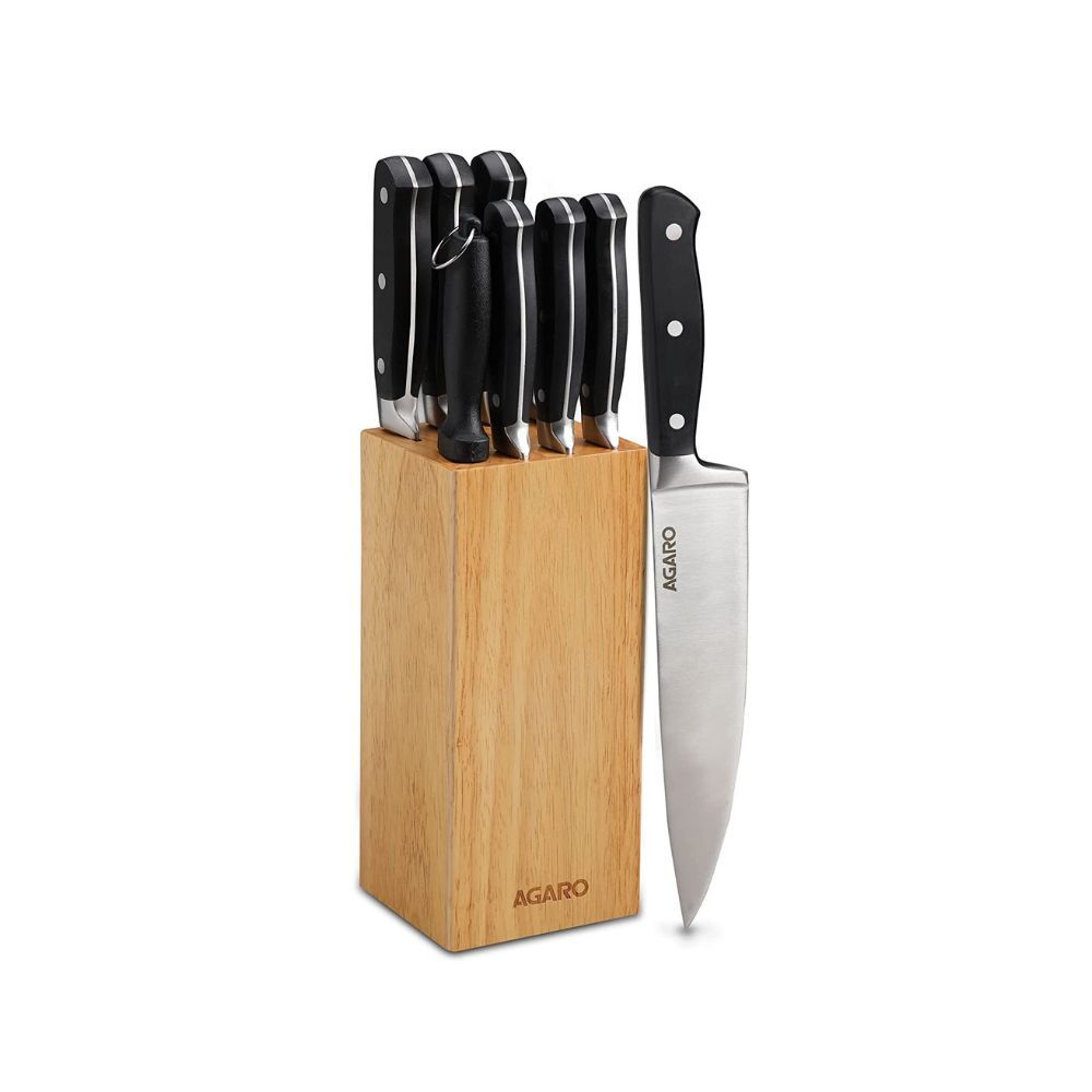 AGARO Galaxy 9 Pcs Kitchen Knife Set with Wooden Case (Silver)