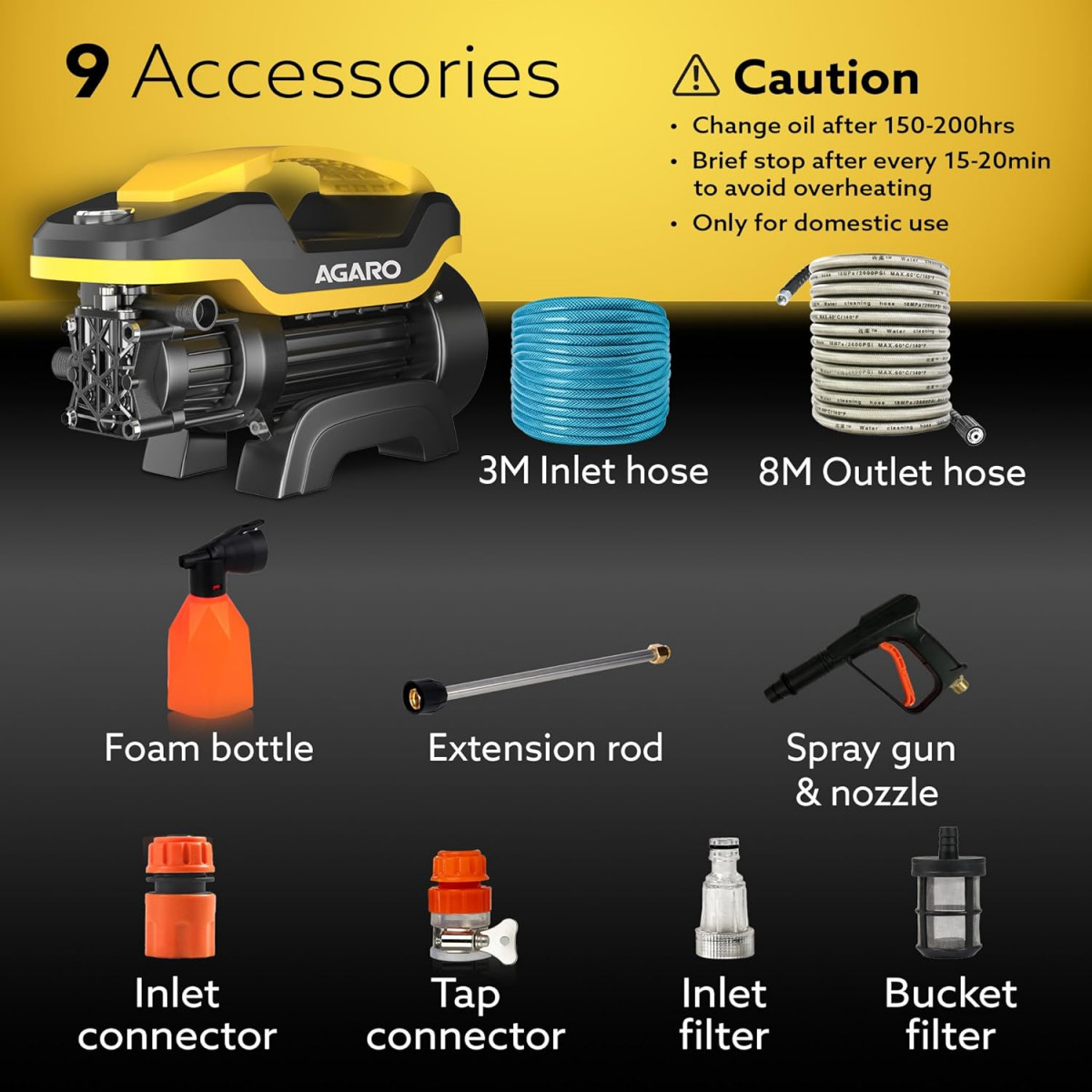 AGARO Galaxy High Pressure Washer Car Washer 1900 Watts Motor 130 Bars 7LMin Flow Rate 8 Meters Outlet Hose Portable Car Bike  Home Cleaning Purpose Yellow  Black