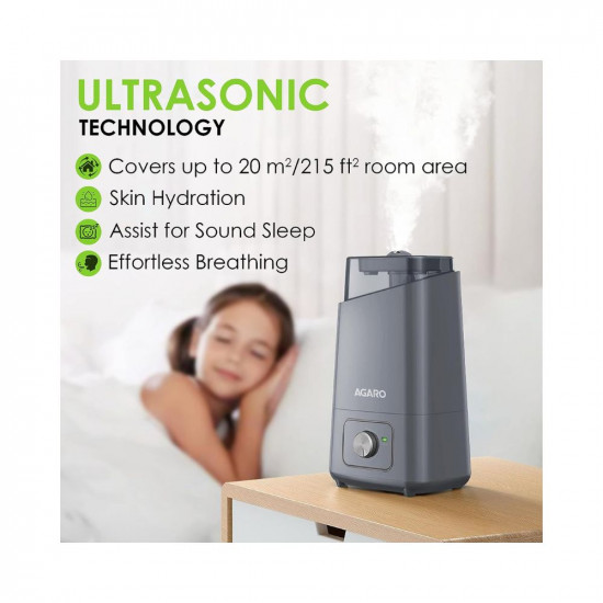 AGARO Glory Cool Mist Ultrasonic Humidifier, 4.5Litres, For Large Area, Room, Home, Office, Adjustable Mist Output, Ceramic Ball Filter, Ultra Quiet, 360° Rotatable Nozzle, Auto Shut Off, Grey