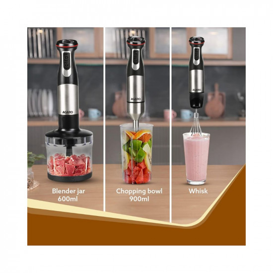 AGARO Grand 1000 Watts Hand Blender With Chopper Jar  Whisker 2 Variable Speed Modes  Speed Regulator Stainless Steel BladesBlack 400mmx60mm 33635