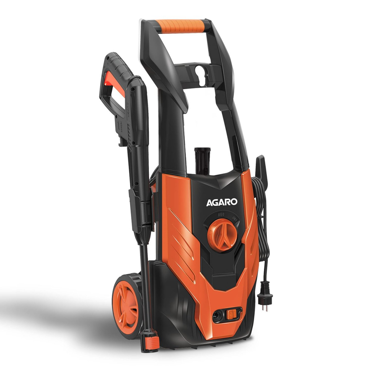 AGARO Grand High Pressure Washer 1500 Watts 110 Bars 65LMin Flow Rate 5 Meters Outlet HoseUpright Design with Wheel for CarBike and Home Cleaning Purpose Free Turbo Nozzle Black and Orange