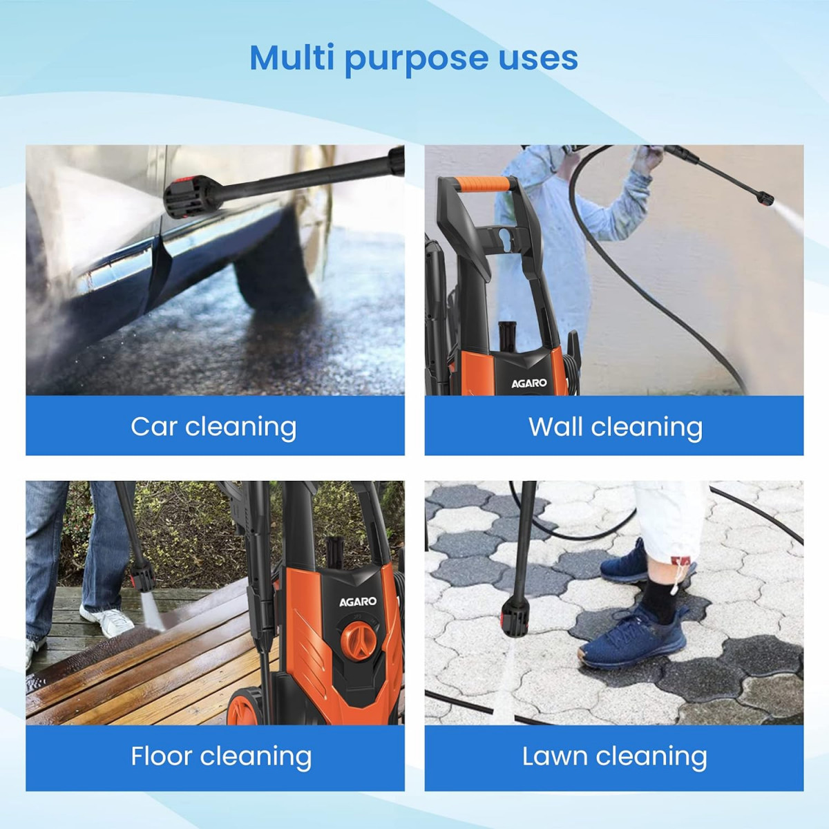 AGARO Grand High Pressure Washer 1500 Watts 110 Bars 65LMin Flow Rate 5 Meters Outlet HoseUpright Design with Wheel for CarBike and Home Cleaning Purpose Free Turbo Nozzle Black and Orange