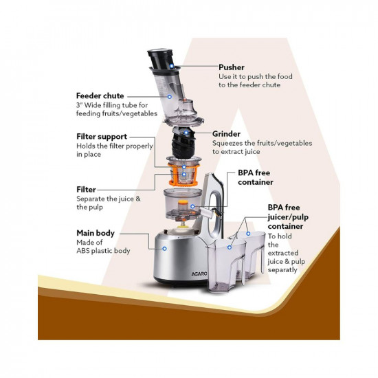 AGARO Imperial Slow Juicer Professional Cold Press Whole Slow Juicer 240 Watts Power Motor 3 Strainers