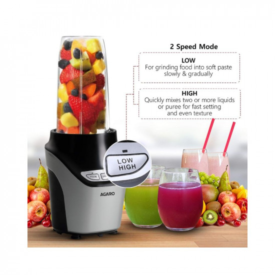 AGARO Marvel Nutri Blender, BPA Free 2 Tritan Jars, 1000W, 100% Copper Motor, 2 Speed Modes with Pulse, Detachable Base, Stainless Steel Blades, Blend, Mix, Grind, Smoothie, Juice Maker, Black