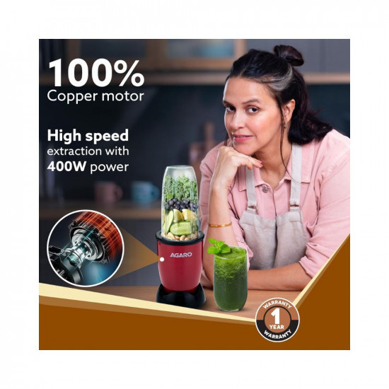 AGARO Regal 3 Jar Personal Blender 400 Watts MixerGrinderSmoothieJuice Maker Serrated  Cross Ss Blade Copper Motor Juices Nut Butter Milkshakes IdliDosa Indian Spice Masala  Chutney