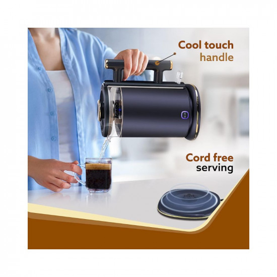 AGARO Regal Electric Kettle With Keep Warm Function Stainless Steel  Glass Body Double Wall Design Hot Water Kettle With Auto Shut-Off And Boil Dry Protection Black 1355 Watts 15 liter