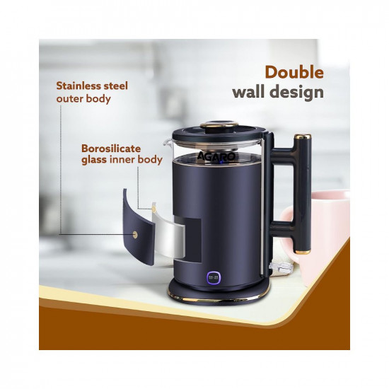 AGARO Regal Electric Kettle With Keep Warm Function Stainless Steel  Glass Body Double Wall Design Hot Water Kettle With Auto Shut-Off And Boil Dry Protection Black 1355 Watts 15 liter