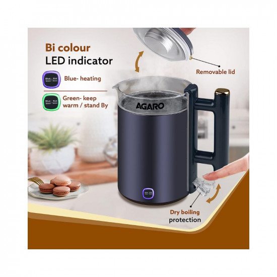 AGARO Regal Electric Kettle With Keep Warm Function Stainless Steel  Glass Body Double Wall Design Hot Water Kettle With Auto Shut-Off And Boil Dry Protection Black 1355 Watts 15 liter
