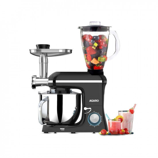 AGARO Regency Stand Mixer With Meat Grinder1400W with 6L SS Bowl 15L Blending Jar 6 Speed With Pulse Function 100 Copper Motor Whipping Kneading Blending Black