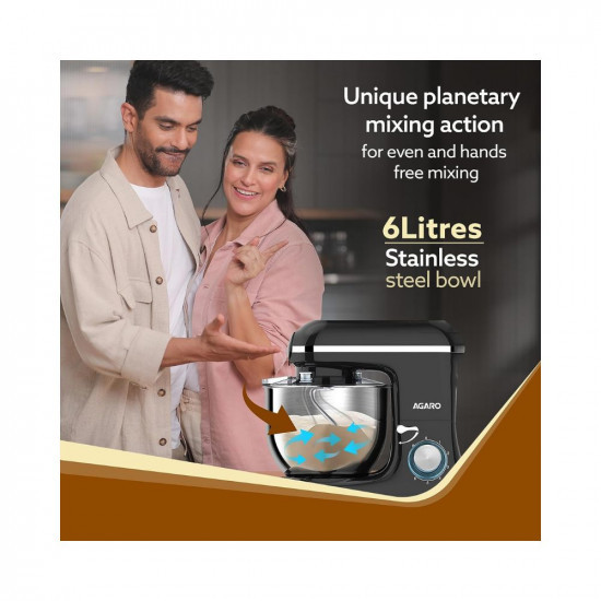 AGARO Regency Stand Mixer With Meat Grinder1400W with 6L SS Bowl 15L Blending Jar 6 Speed With Pulse Function 100 Copper Motor Whipping Kneading Blending Black